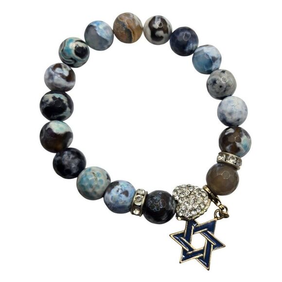 Star Of David Charm Beaded Bracelets Set Of 3 Blue Agate Glass Stones Judaica Ha - Picture 2 of 6